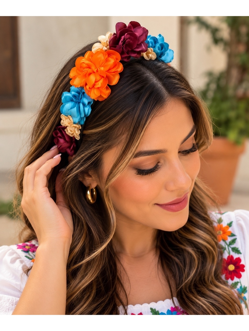 Mexican Catrina Floral Satin Rose Headband Multicolor